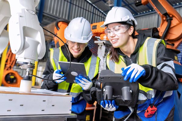 Industrial workers collaborating with modern equipment